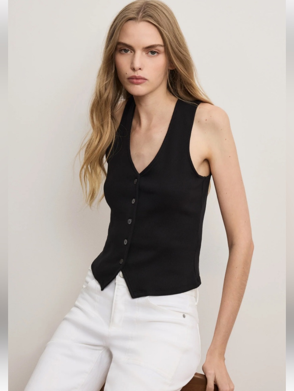 Veronica Beard Navy Hoorne Ribbed Button-Front V-Neck Tank Size Small